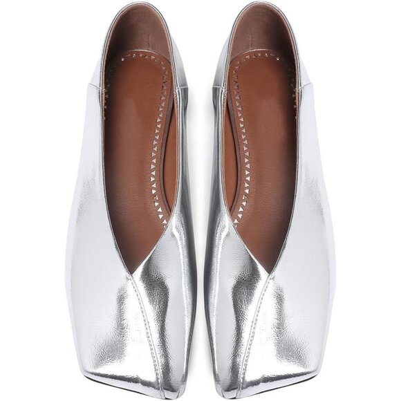 Women's Ballet Flat Square Toe Silver Patent Leather Dress Shoes Loafers Pull-On - Picture 2 of 6